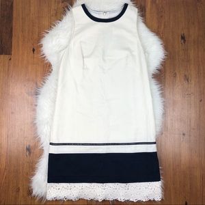 LOFT linen cotton blend white navy dress lace hem